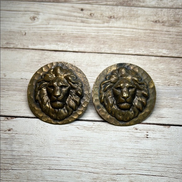 Antique Bronze Lion Head Earrings - Picture 1 of 4